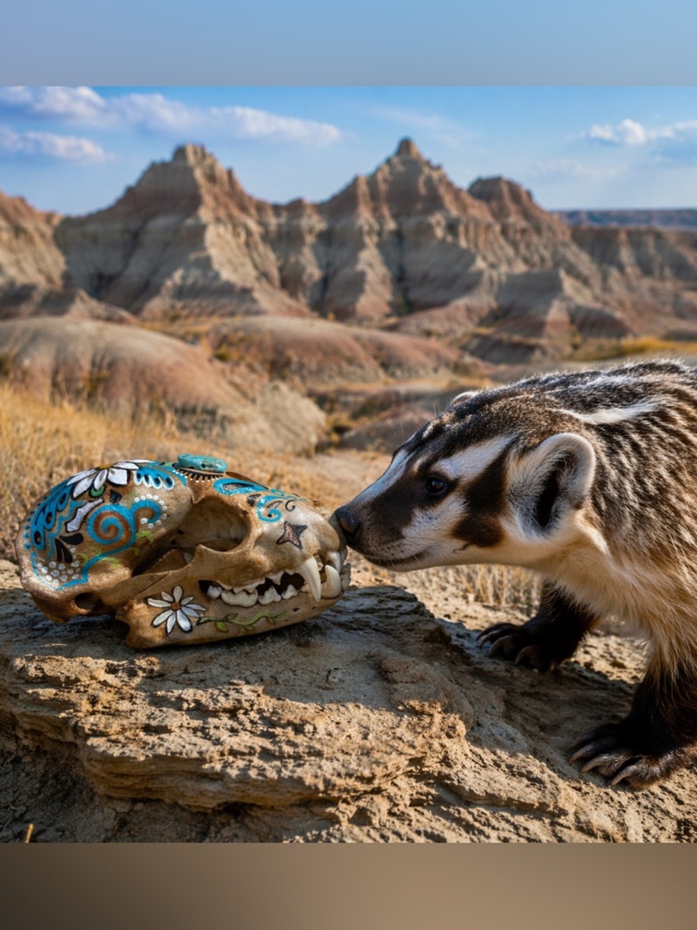 American Badger skull handpainted art skeletons  turquoise OOAK home decor
